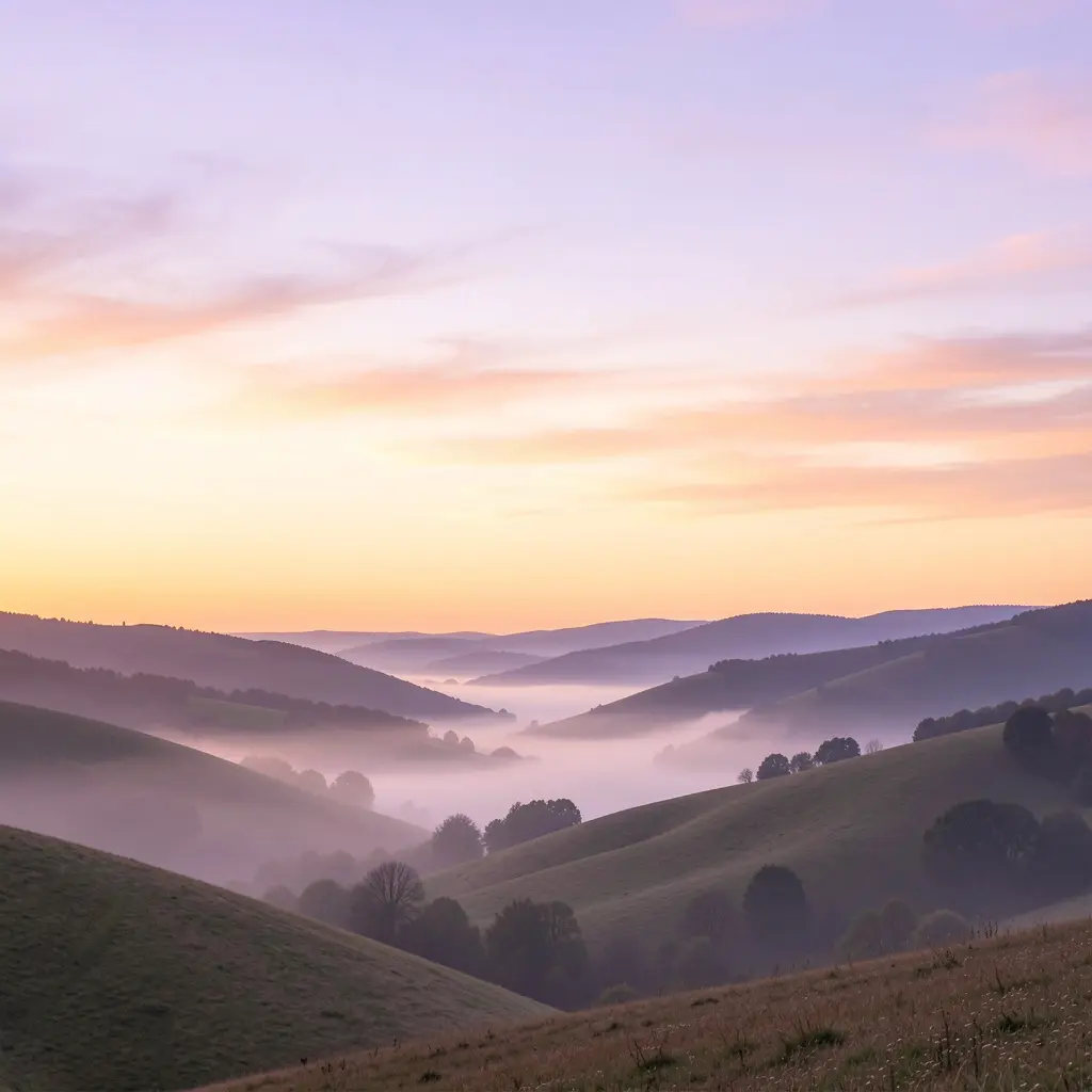 Calming sunset landscape with rolling hills and soft evening colors